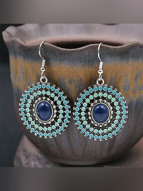 Boho Blue and Turquoise Circular Drop Earrings